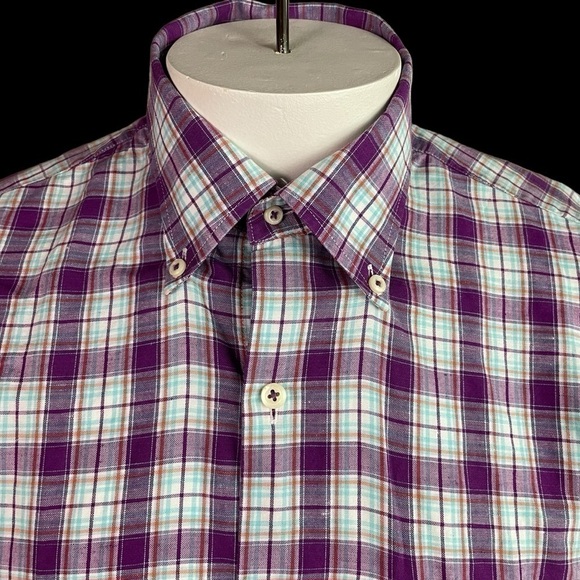 Peter Millar Linen Blend Shirt Men’s Medium Plaid Button Up - Picture 2 of 9